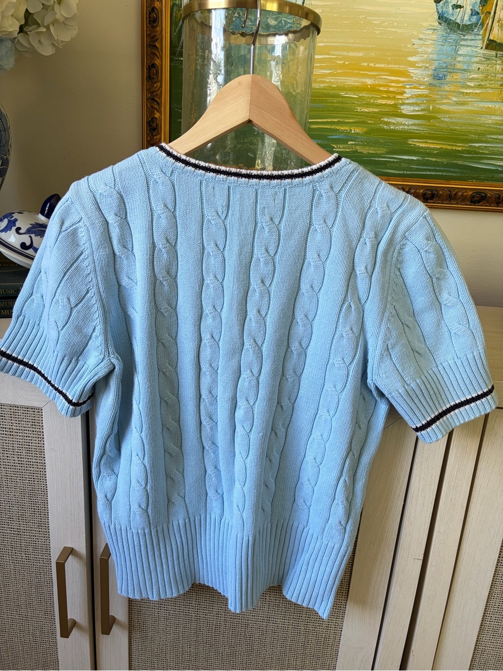 Tommy Hilfiger Pale Blue Cable-Knit V-Neck Sweater with Navy Trim-00B - Picture 6 of 9